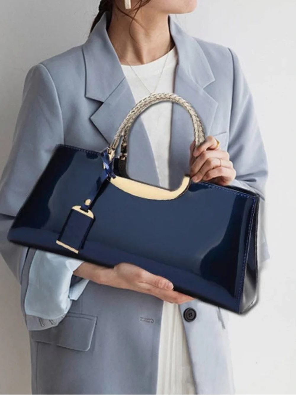 NWT Navy Blue Patent Structured Tote Bag Gold Hardware